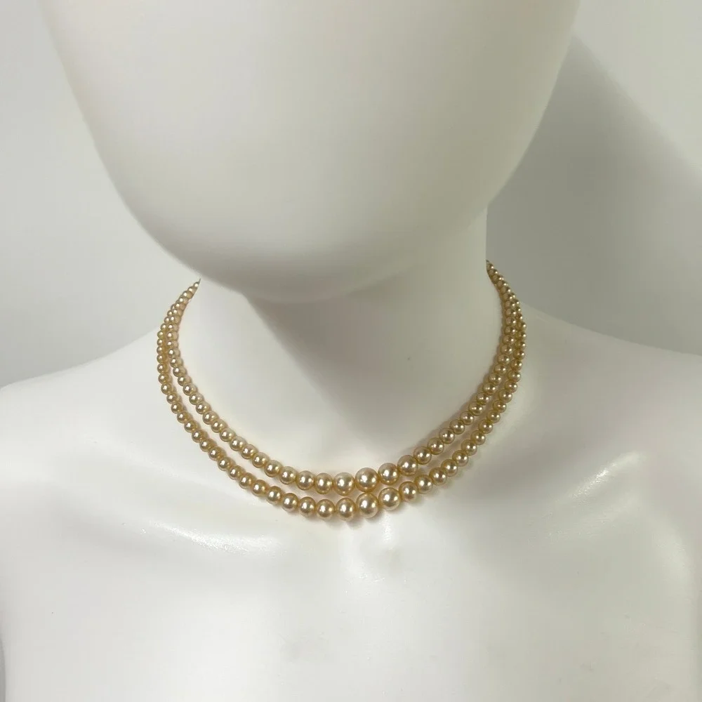 Vintage Faux Pearl Double Strand Choker Necklace 15